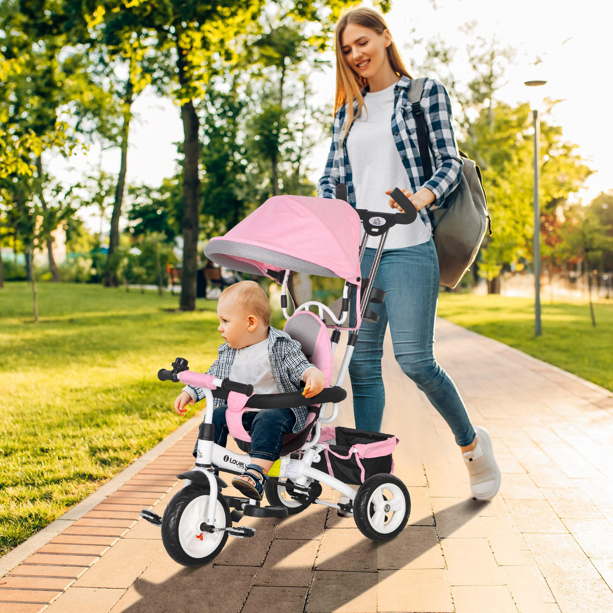 6-IN-1 Dreirad mit Schubstange, Kinderdreirad mit abnehmbarem Sonnendach Rosa - Rosa, Metall (95/50/106cm) - HOMCOM