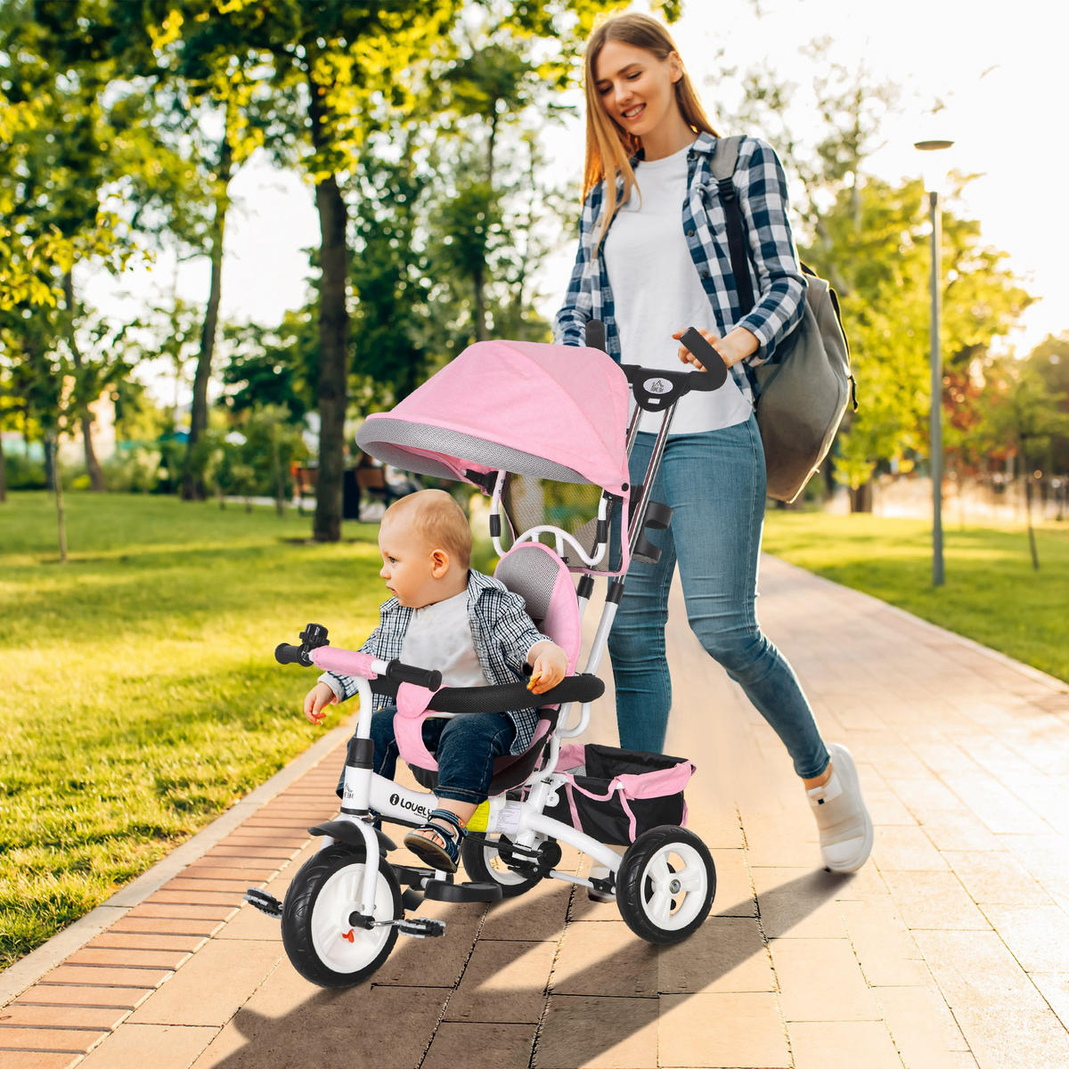 6-IN-1 Dreirad mit Schubstange, Kinderdreirad mit abnehmbarem Sonnendach Rosa - Rosa, Metall (95/50/106cm) - HOMCOM