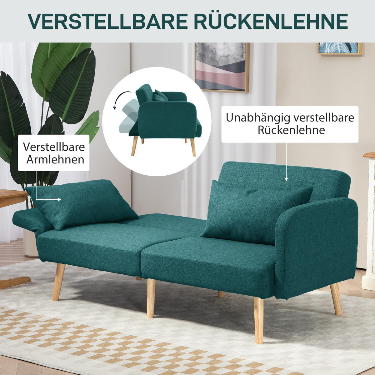 SCHLAFSOFA, 3-Sitzer-Sofa mit Bettfunktion, 2 Kissen, Leinenoptik, Grün - Naturfarben/Grün, Holz/Textil (83/80/170cm) - HOMCOM