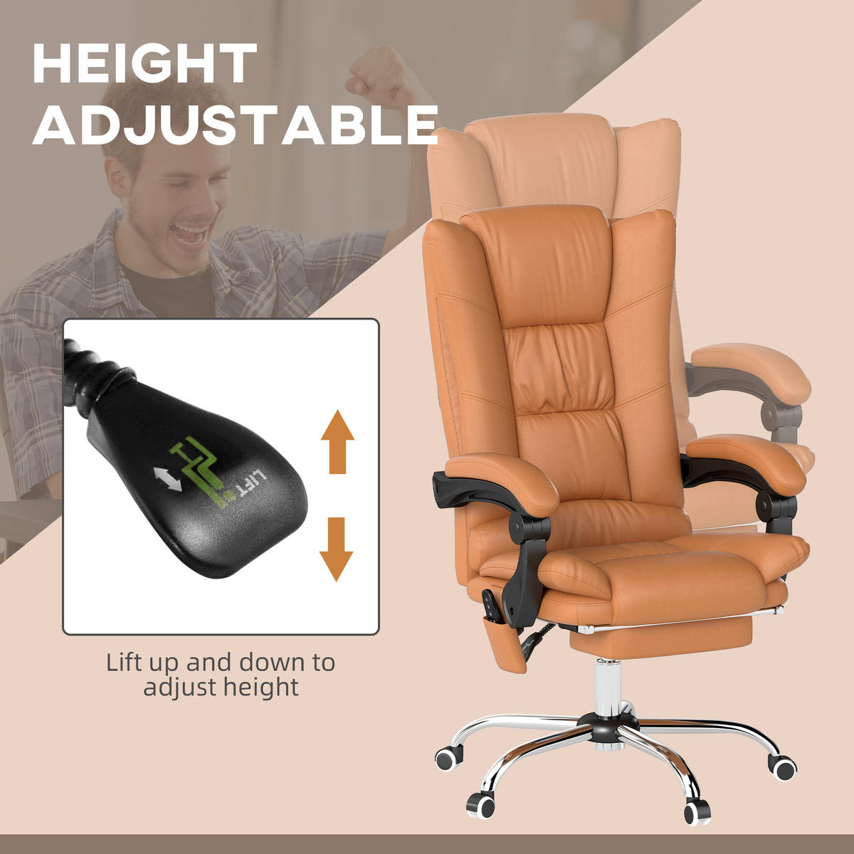 KANCELÁŘSKÁ ŽIDLE s masážní funkcí Ergonomické křeslo s vyhříváním - hnědá, plast (70/118/64cm) - Vinsetto