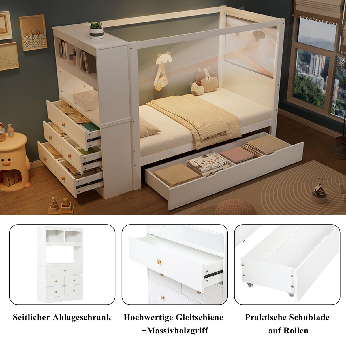 KINDERBETT aus Kiefernholz und MDF 90x200 cm Weiß mit Fallschutz, 5 Schubladen und seitlichem Stauraum - Weiß, Holzwerkstoff (90/200cm) - Modfu