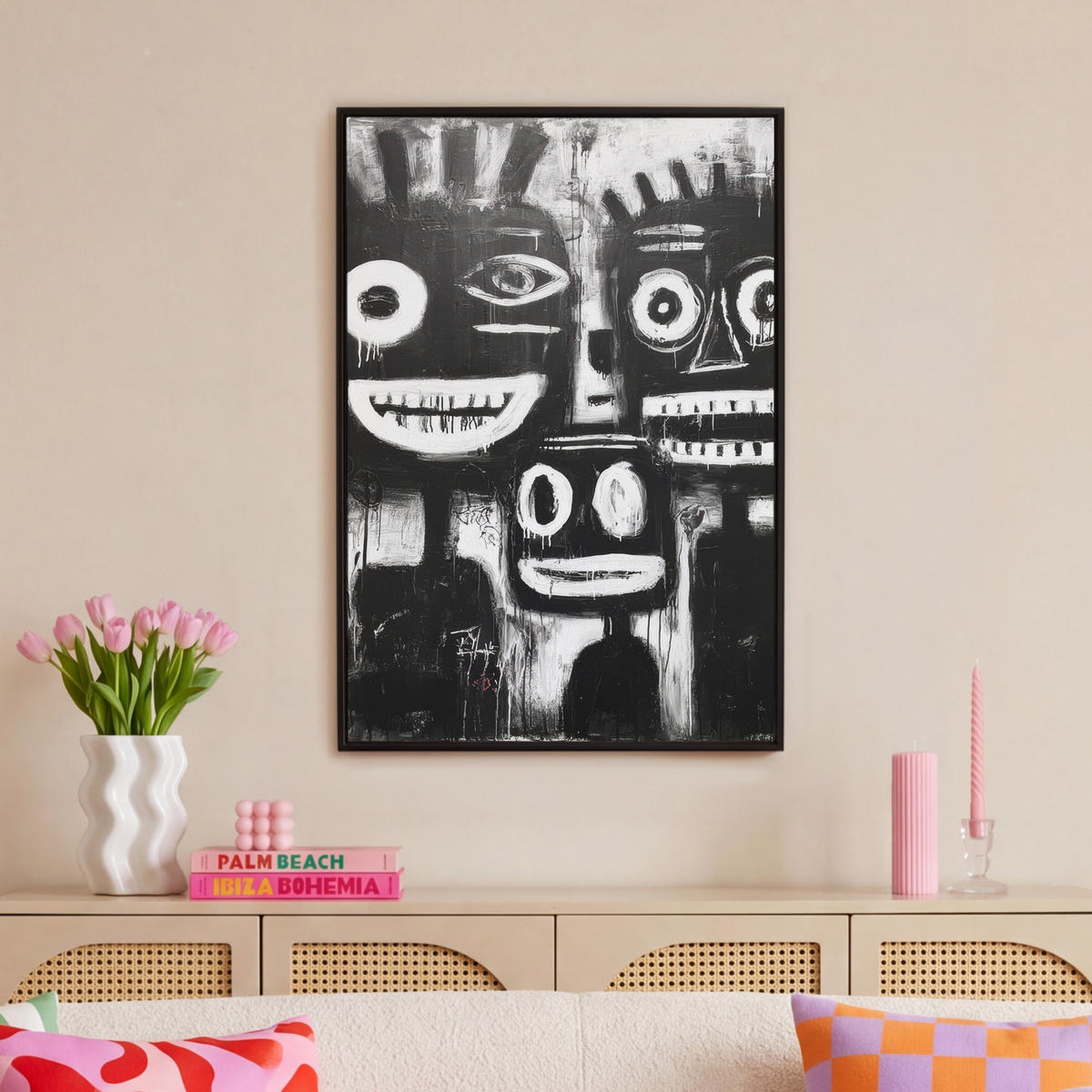 LEINWAND Bilder mit Rahmen - Malerei - Figuren - Schwarz - Abstrakt - 60x90 - Schwarz, Textil (60/90cm) - MuchoWow