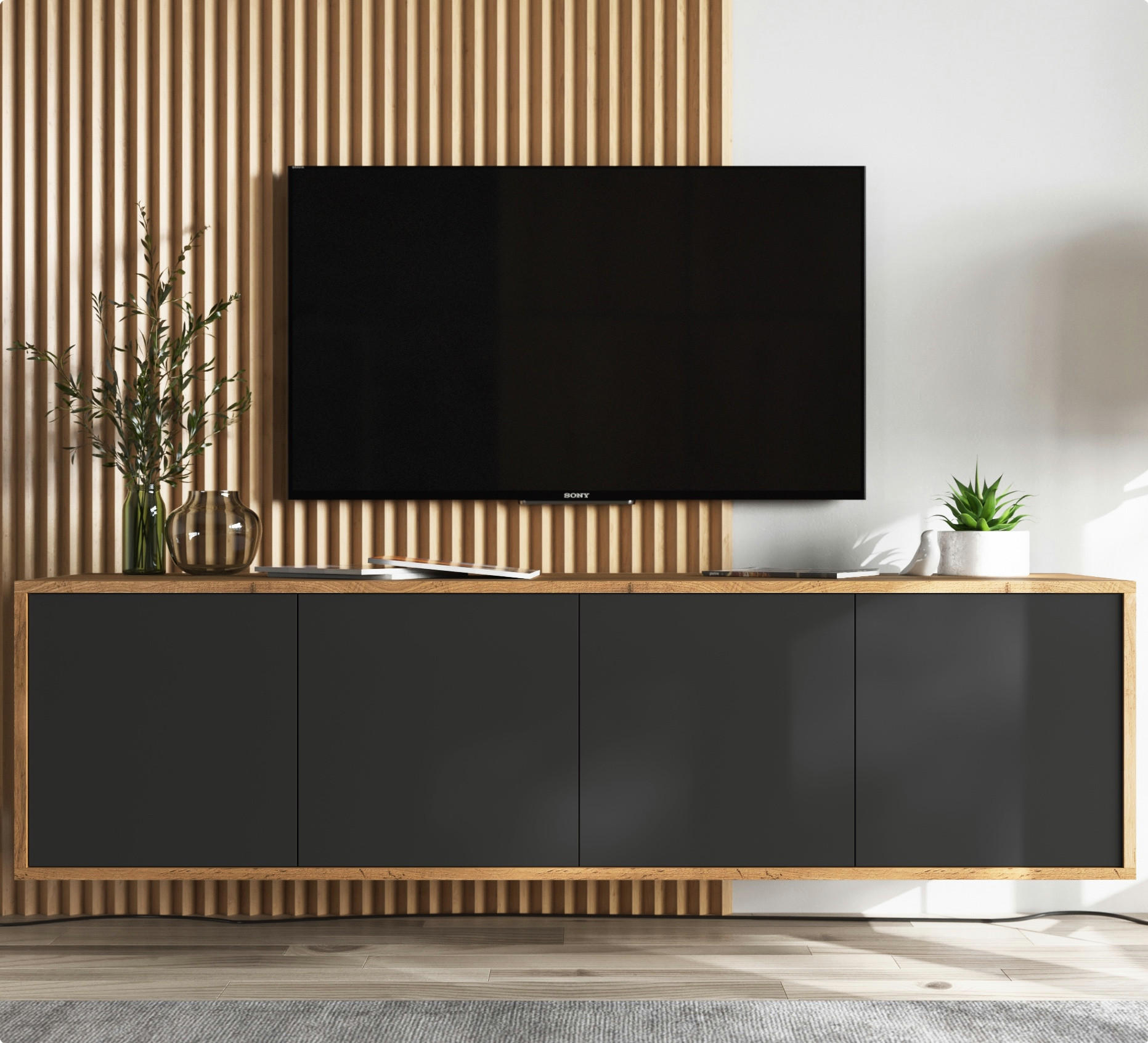 TV-SCHRANK Apollo2 Eiche wotan Schwarz Matt 150 cm - Schwarz, Holzwerkstoff (150/39/35cm) - Meble Lindner