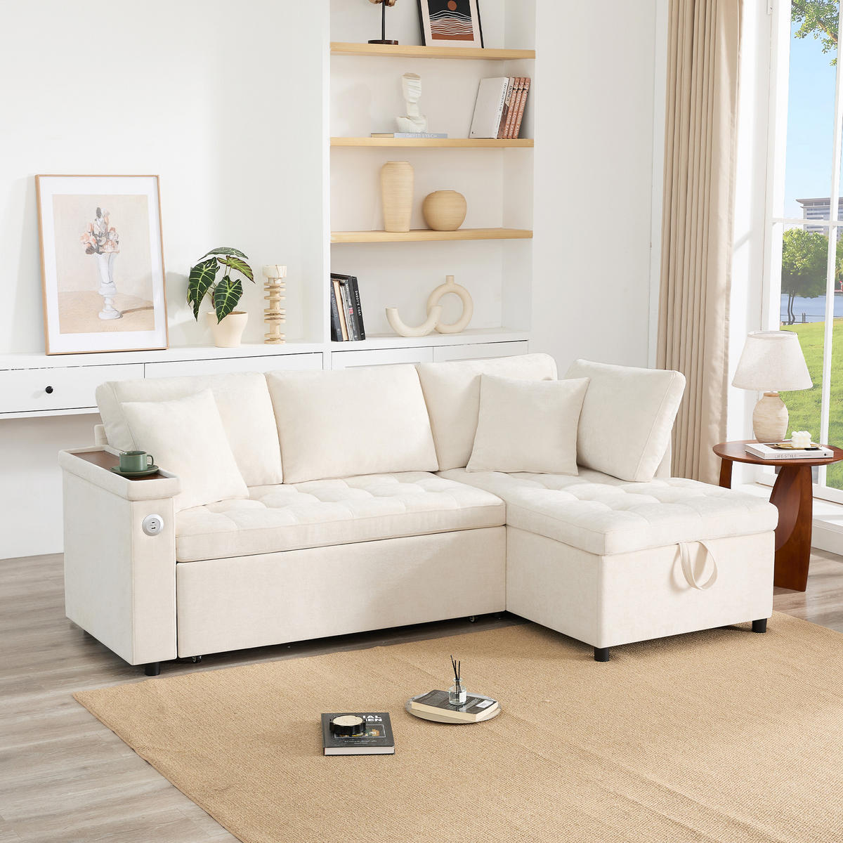 ECKSOFA rechts mit Schlaffunktion, Chenille & Stauraum, 209/130/84 cm, Beige - Beige, Textil (130/209cm) - Redom