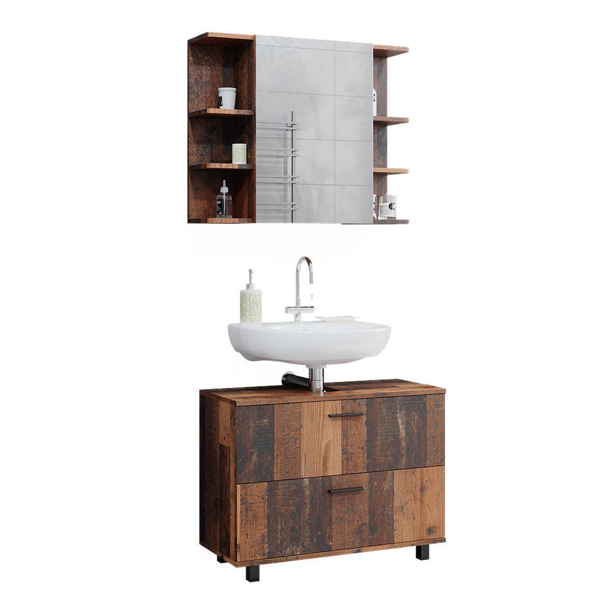 BADMÖBEL-SET Ilias Eiche rustikal 2 Teile, Unterschrank 80 cm - Wildeiche, Holzwerkstoff (80.2/60.8/33cm) - Vicco