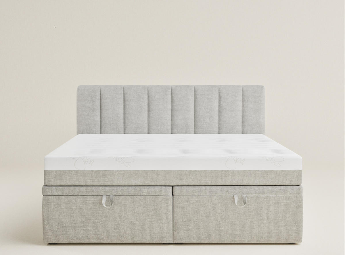 BOXBETT 200/200 cm Lovage S, in Hellgrau, Matratze, gepolstertes Kopfteil, Bettkasten, H3 = fest - Hellgrau/Schwarz, Holz/Holzwerkstoff (200/200cm) - Maison de Reve