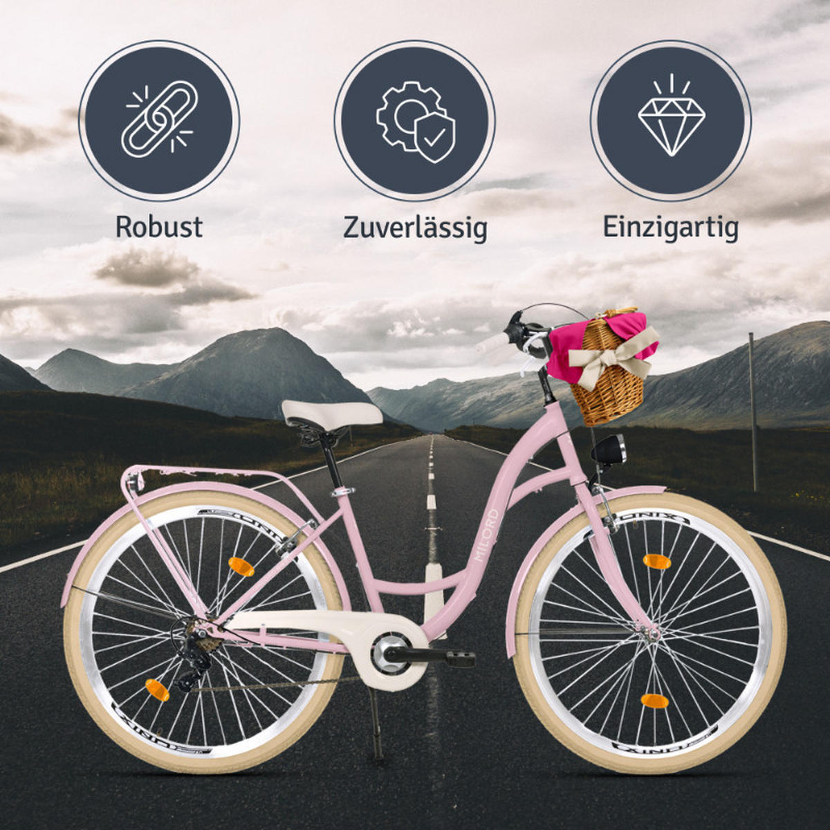 CITY-FAHRRAD Milord mit Weidenkorb, 28 Zoll, Rosa-Creme, 7-Gang - Pink/Creme, Metall (46cm) - Milordbikes