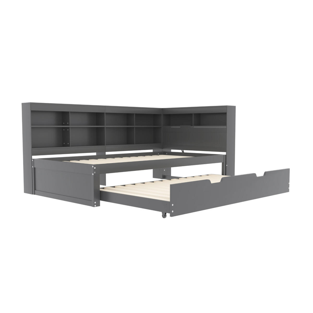 HOLZBETT 90/200 cm mit Ausziehbett, USB und Stauraum in Grau - Grau, Holz (90/200cm) - BEAOK