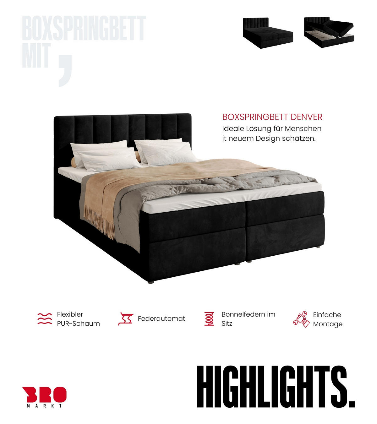 BOXBETT Denver mit Topper 140/200 Schwarz - Schwarz, Holzwerkstoff/Textil (140/200cm) - Bromarkt
