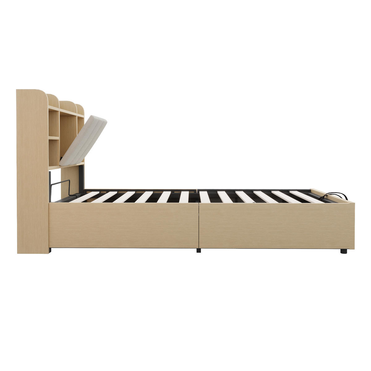 HOLZBETT 90/200 cm mit hydraulischem Bettkasten und USB-Anschluss, Naturholz - Naturfarben, Holzwerkstoff (90/200cm) - OKWISH