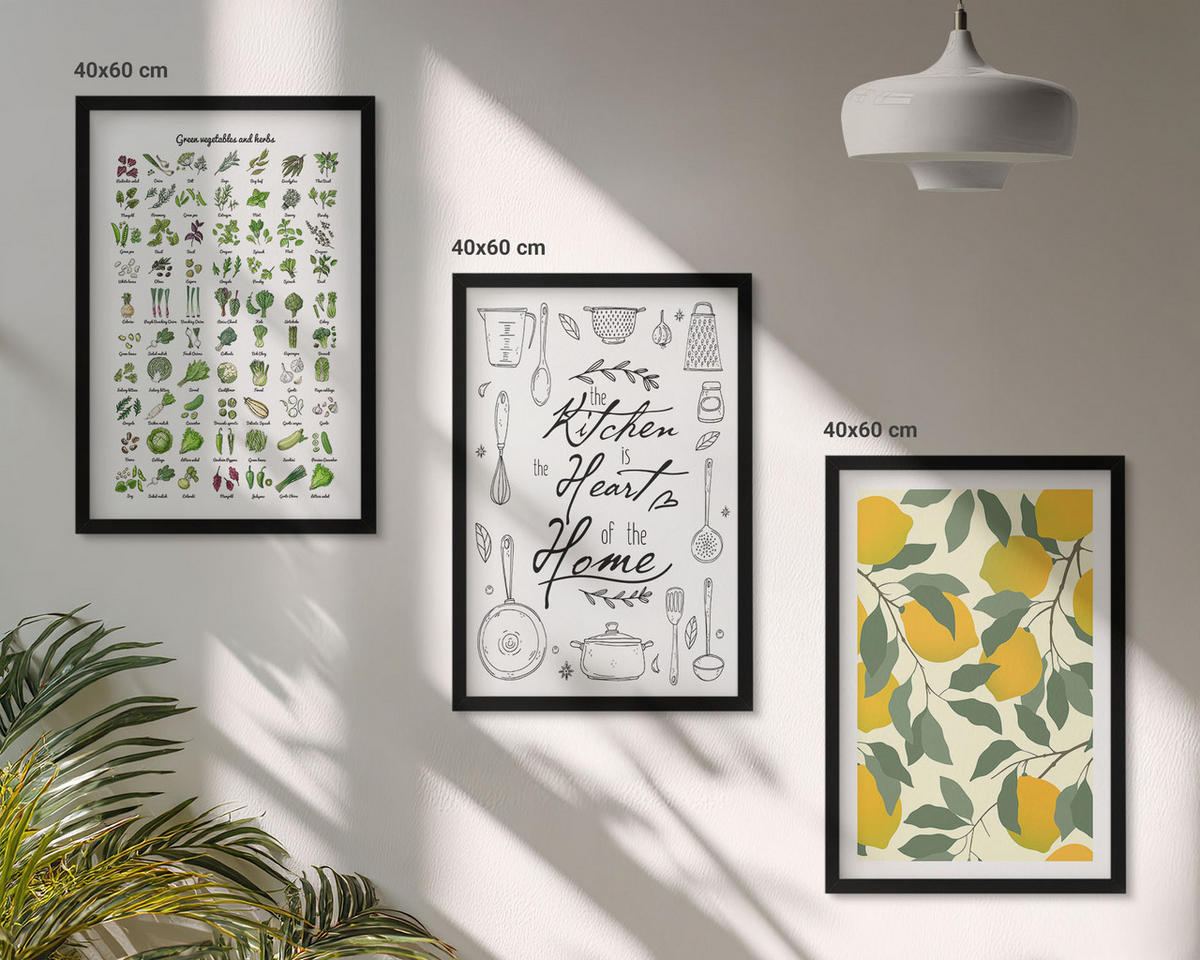 WANDBILDER 3er-Set - 40x60 cm Schwarzer Rahmen - Bemalte Zitronen-Küchenkräuter - Schwarz, Kunststoff (40/60cm) - ArtPrintCave