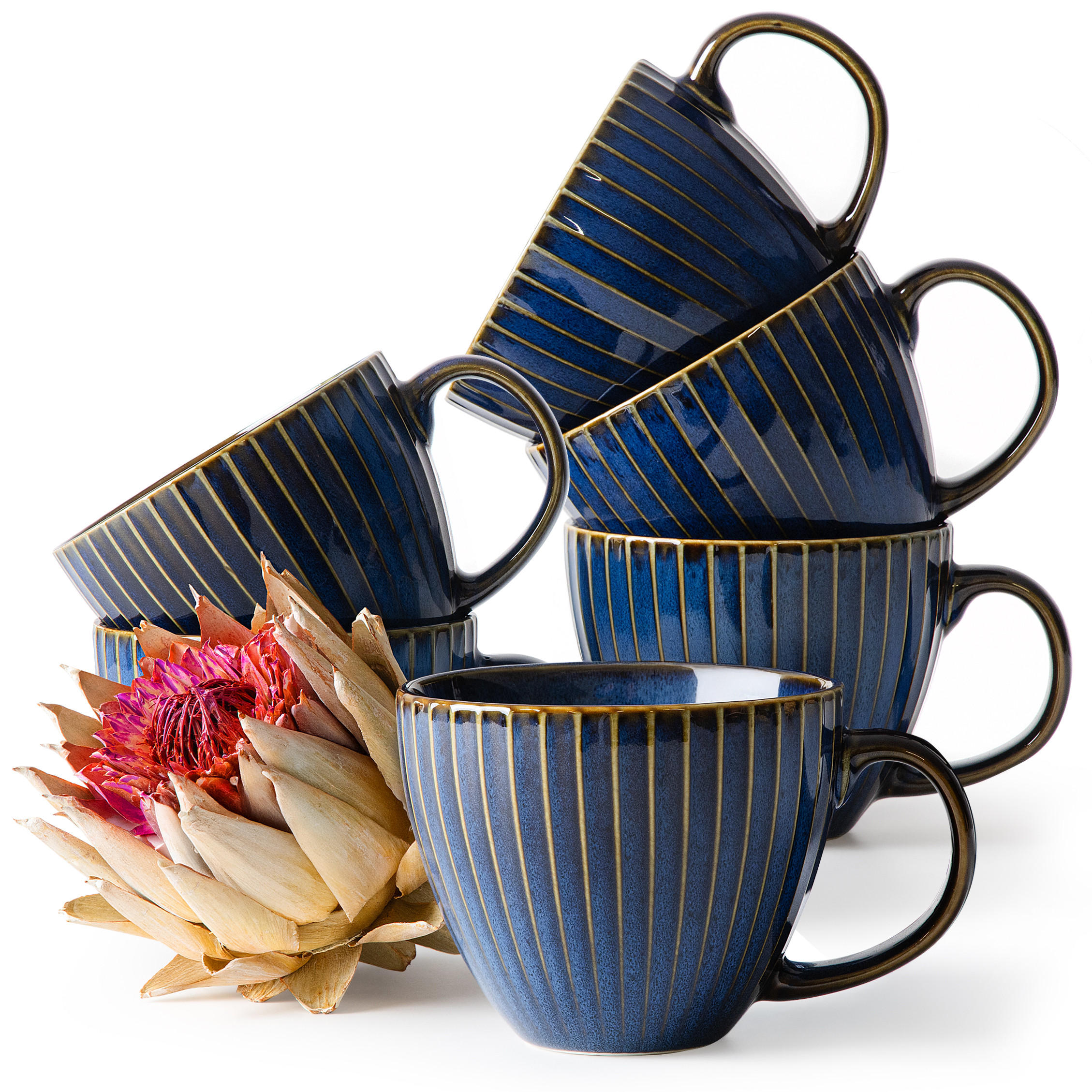 GROẞE TASSE AD STRIPES, 6-tlg - Dunkelblau, Keramik (10/9/14.5cm) - KONSIMO®