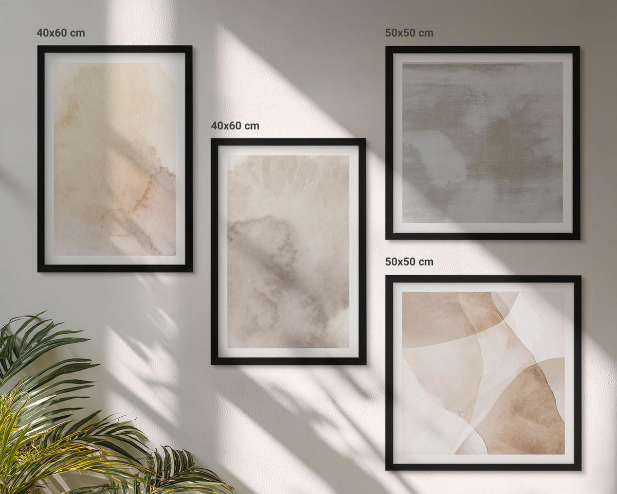 WANDBILDER 4er-Set - 50x50 cm & 40x60 cm Schwarzer Rahmen - Warme Aquarell-Pastelltexturen - Schwarz, Kunststoff (50/50cm) - ArtPrintCave