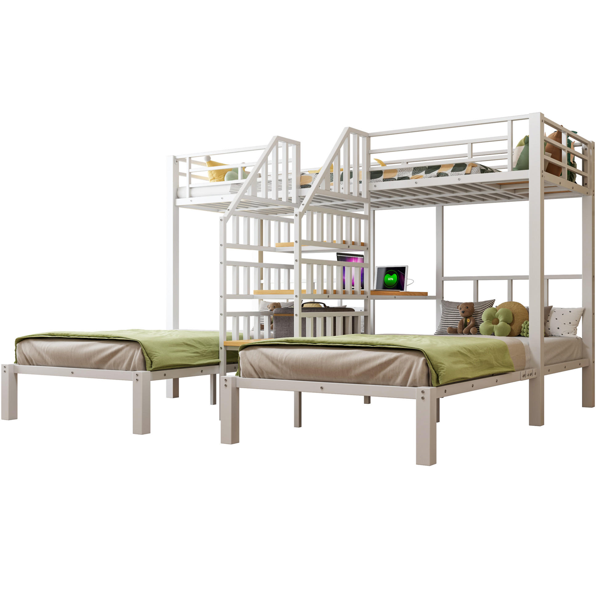 ETAGENBETT 3 Betten 90/200 cm, Weiß mit LED, USB, Schreibtisch - Weiß, Metall (90/200cm) - MIVRAY
