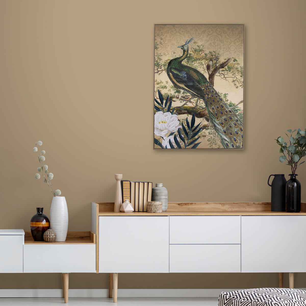 LEINWANDBILD Pfau im Paradies - 70x50cm - Multi - Multicolor, Holzwerkstoff (50/70cm) - Art for the Home