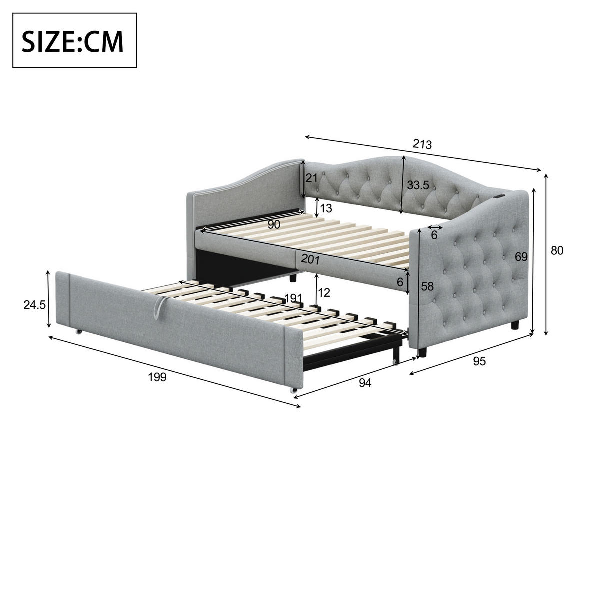 POLSTERBETT 90/200 cm graues Schlafsofa mit USB-Anschluss und Lattenrost - Grau, Textil (90/200cm) - OKWISH