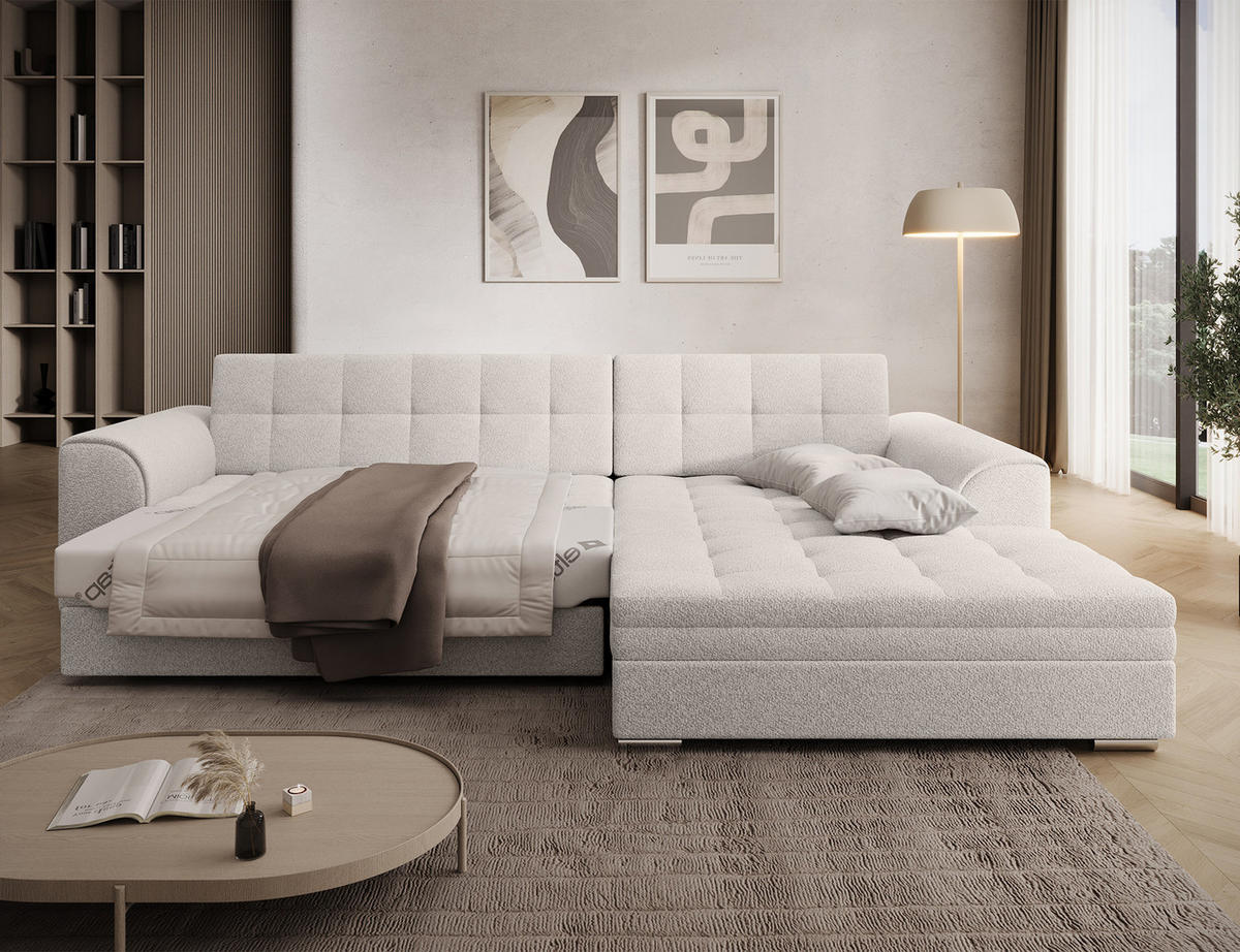 ECKSOFA SORENTO mit Schlaffunktion & Delfin-Mechanismus – Wohnlandschaft in L-Form 296 cm - Weiß, Kunststoff (296/78cm) - Wohnideebilder