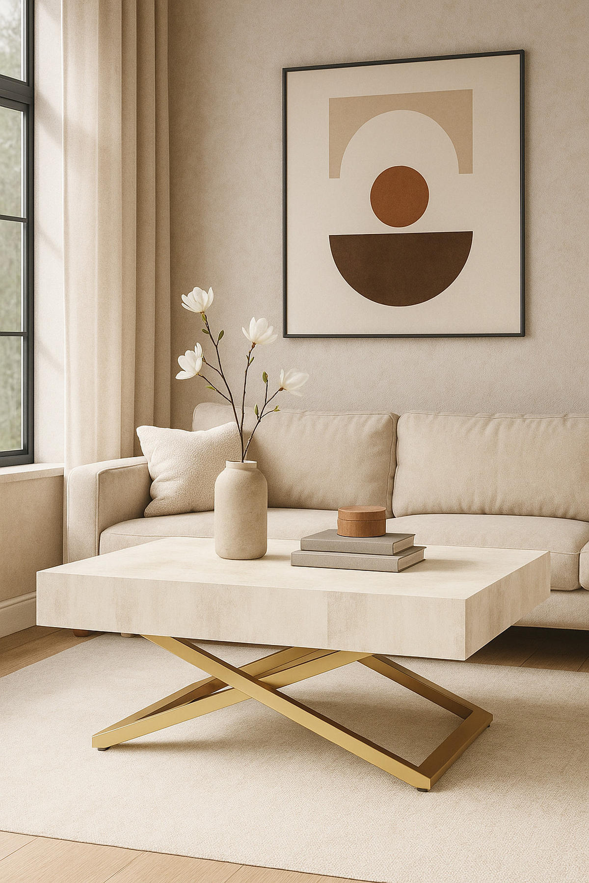 COUCHTISCH SANNA U - Goldfarben/Creme, Holzwerkstoff/Metall (80/120/27cm) - Meblini