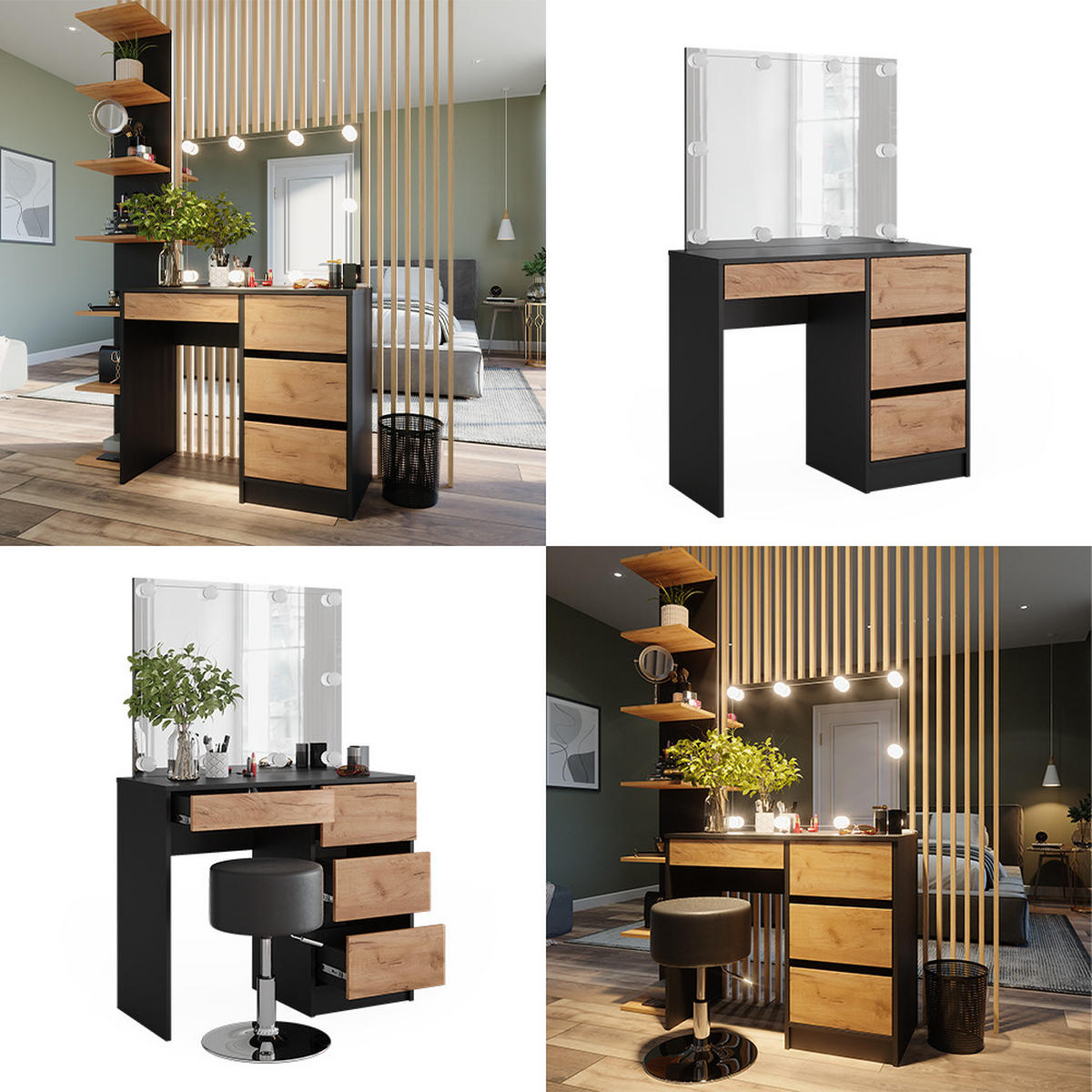 SCHMINKTISCH Sherry Anthrazit/Goldkraft Eiche 90 x 75 cm mit Spiegel & LED-Beleuchtung - Honigeiche/Anthrazit, Holzwerkstoff (90/75/40cm) - Vicco