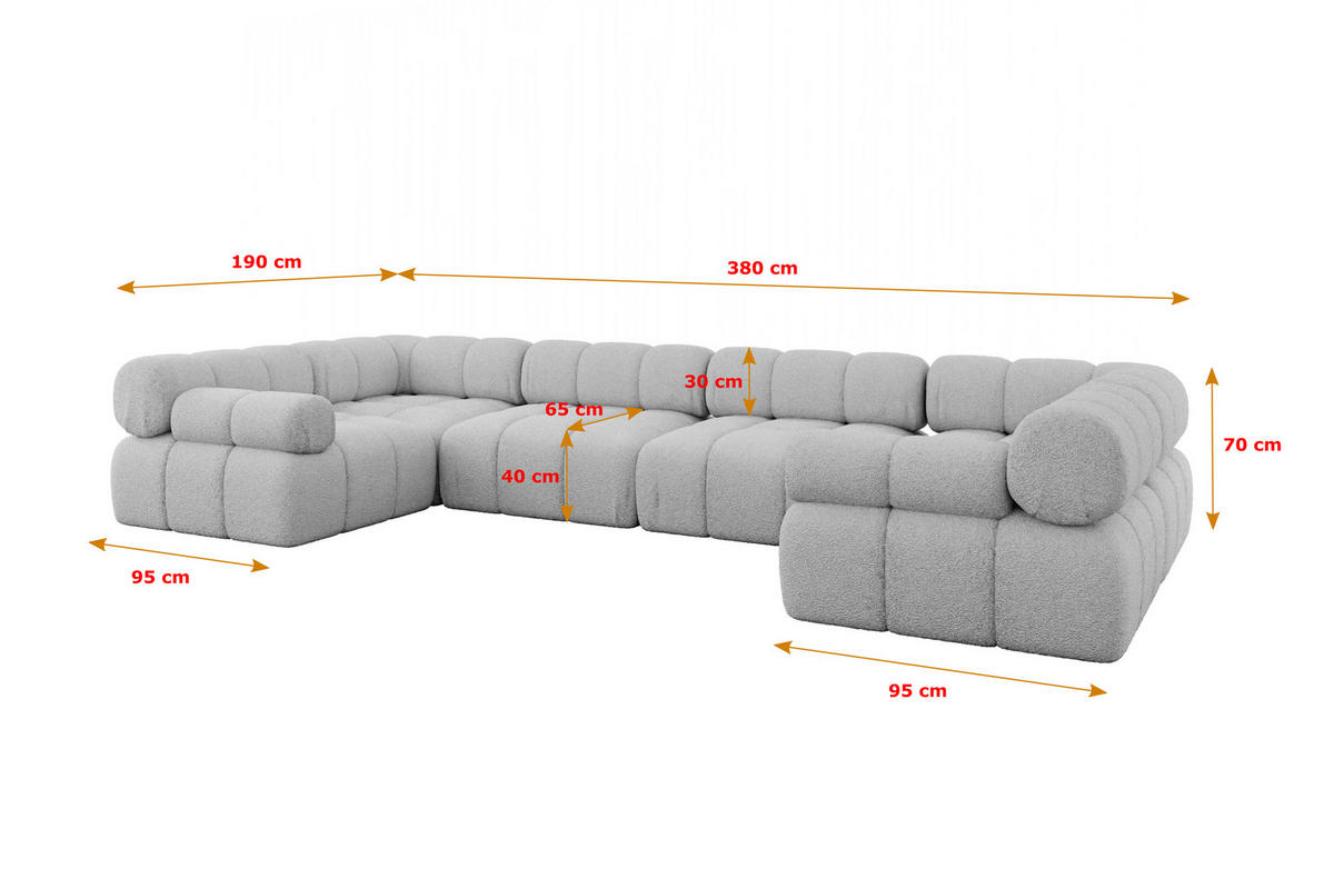 WOHNLANDSCHAFT modulares Sofa Birno-U2 - 380x190x70 cm Hellgrau Bouclé - Hellgrau, Holzwerkstoff/Textil (380/70/190cm) - ALTDECOR