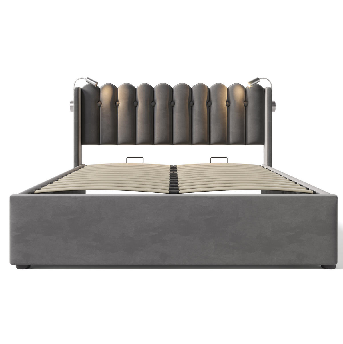 POLSTERBETT 160/200 cm Grau aus Samt mit Stauraum, USB und Leselicht - Grau, Textil (160/200cm) - OKMYHOME