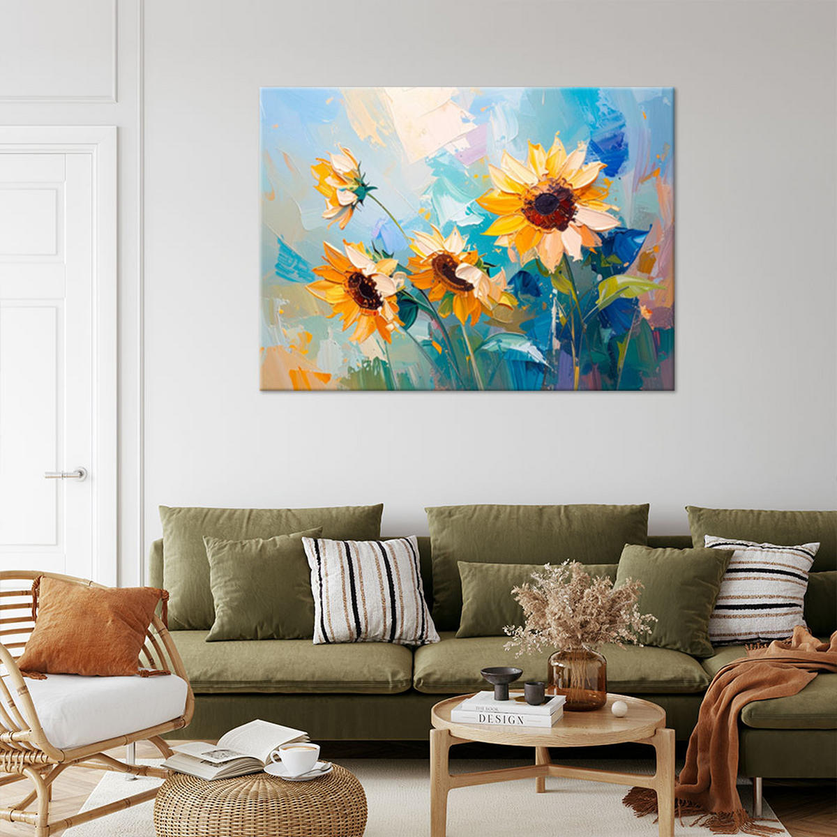 LEINWANDBILD Sonnenblumen Blumen Ölfarbe-Imitation 60x40cm - Blau, Textil (60/40cm) - Feeby