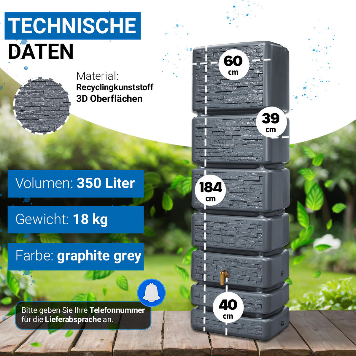 WANDTANK 350 L, graphite grey - Grau, Kunststoff (60/184/39cm) - 4rain