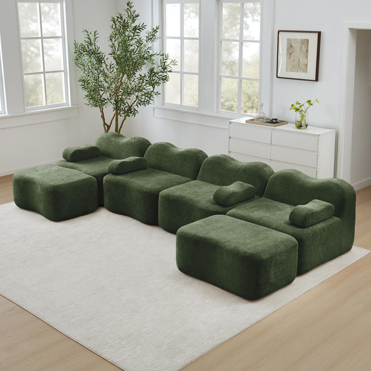 WOHNLANDSCHAFT Samt Grün mit 2 Hocker - Grün, Textil (384/70/167cm) - WISHDOR