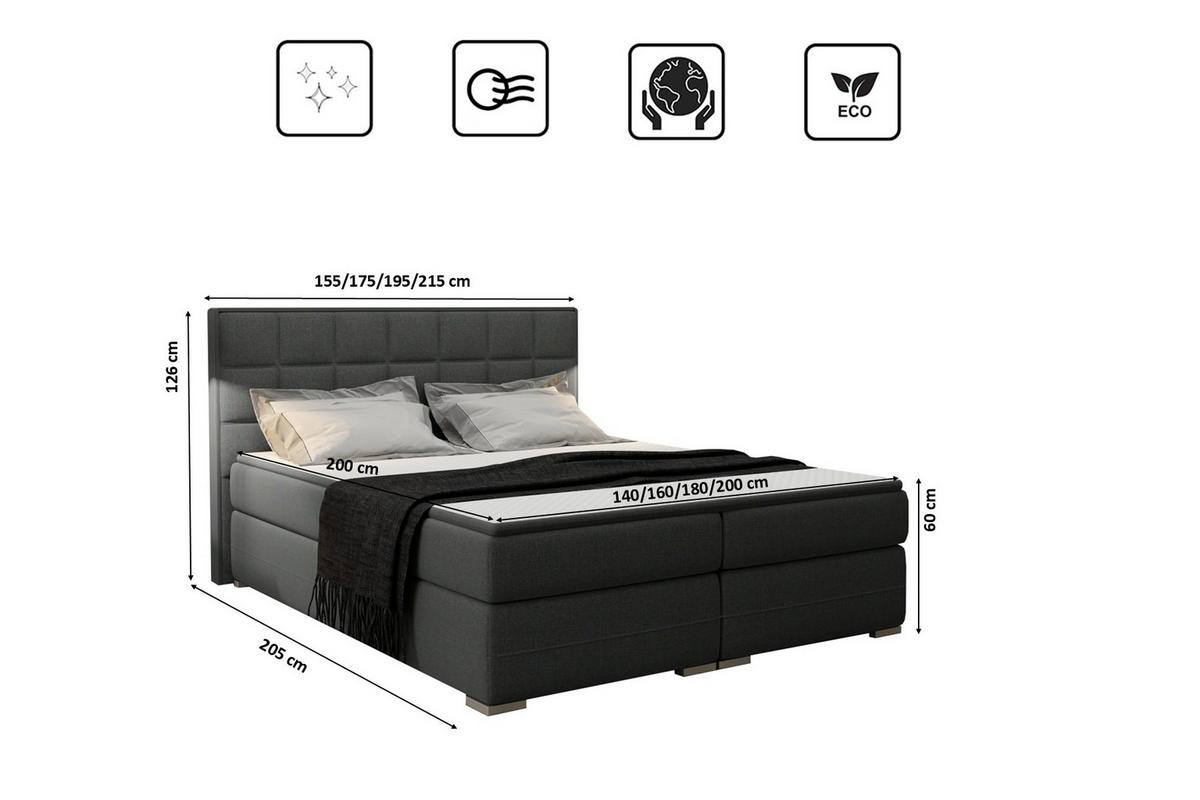 BOXBETT DAMALO, Stoff Sawana 180x200 cm Schwarz - Schwarz, Holz (200/200cm) - Kaiser Möbel