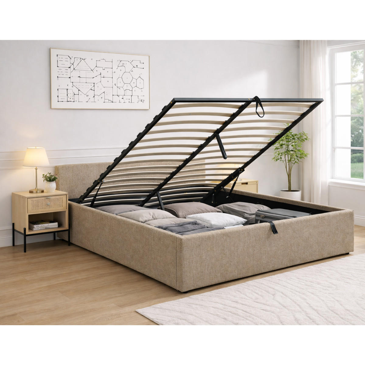 BETT mit Bettkasten 160 x 200 cm aus meliertem Stoff 170/36,50/214 cm - Braun, Holz (200/160cm) - Calicosy