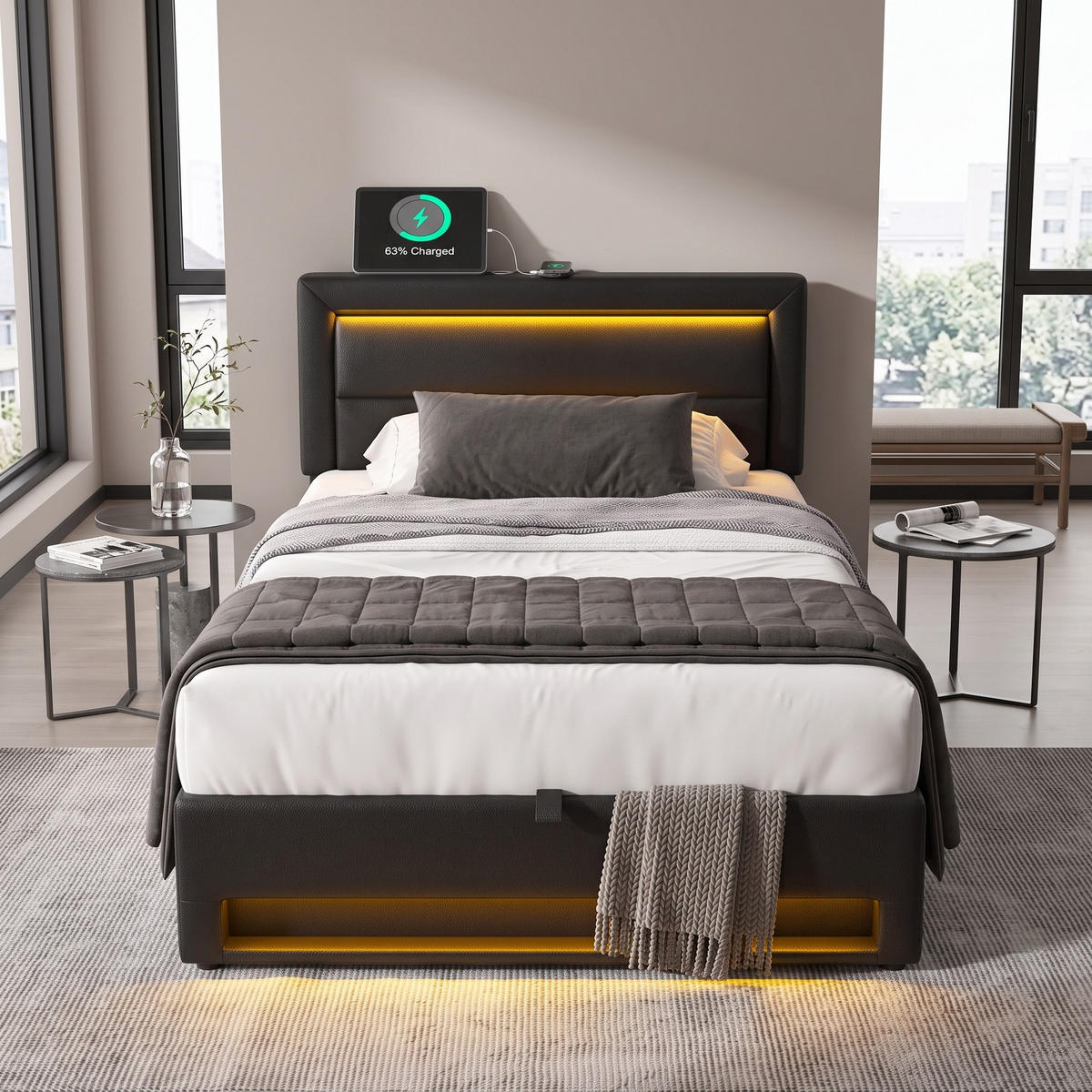 POLSTERBETT 90/190 mit USB-Anschluss, LED-Beleuchtung, Stauraum und PU-Litschi-Muster in Schwarz - Schwarz, Holzwerkstoff/Textil (90/190cm) - EVRYAE