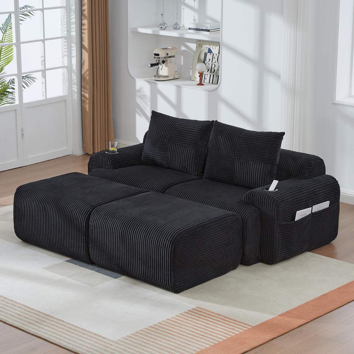 MODULARES 2-Sitzer Sofa Cordstoff mit Getränkehalter und Seitentasche 200/174/80 cm Schwarz - Schwarz, Textil (174/80/200cm) - Redom