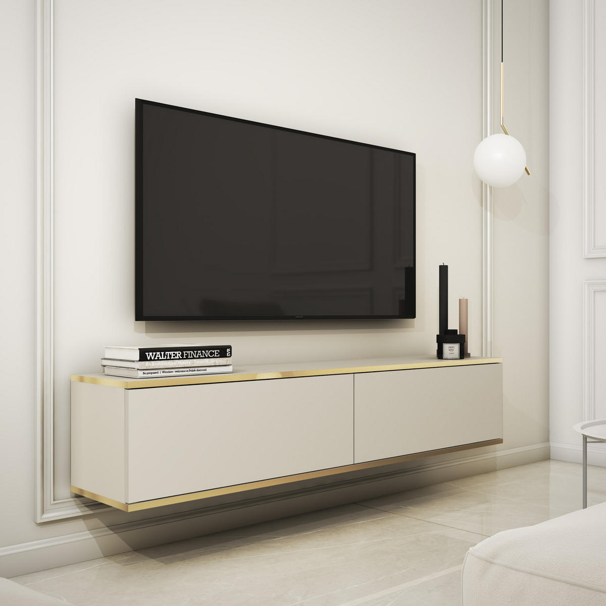 TV-LOWBOARD FORNO (Beige, Goldene Details, 2 Türen, 135 cm) - Beige, Holz/Holzwerkstoff (135/30/32cm) - Ravio