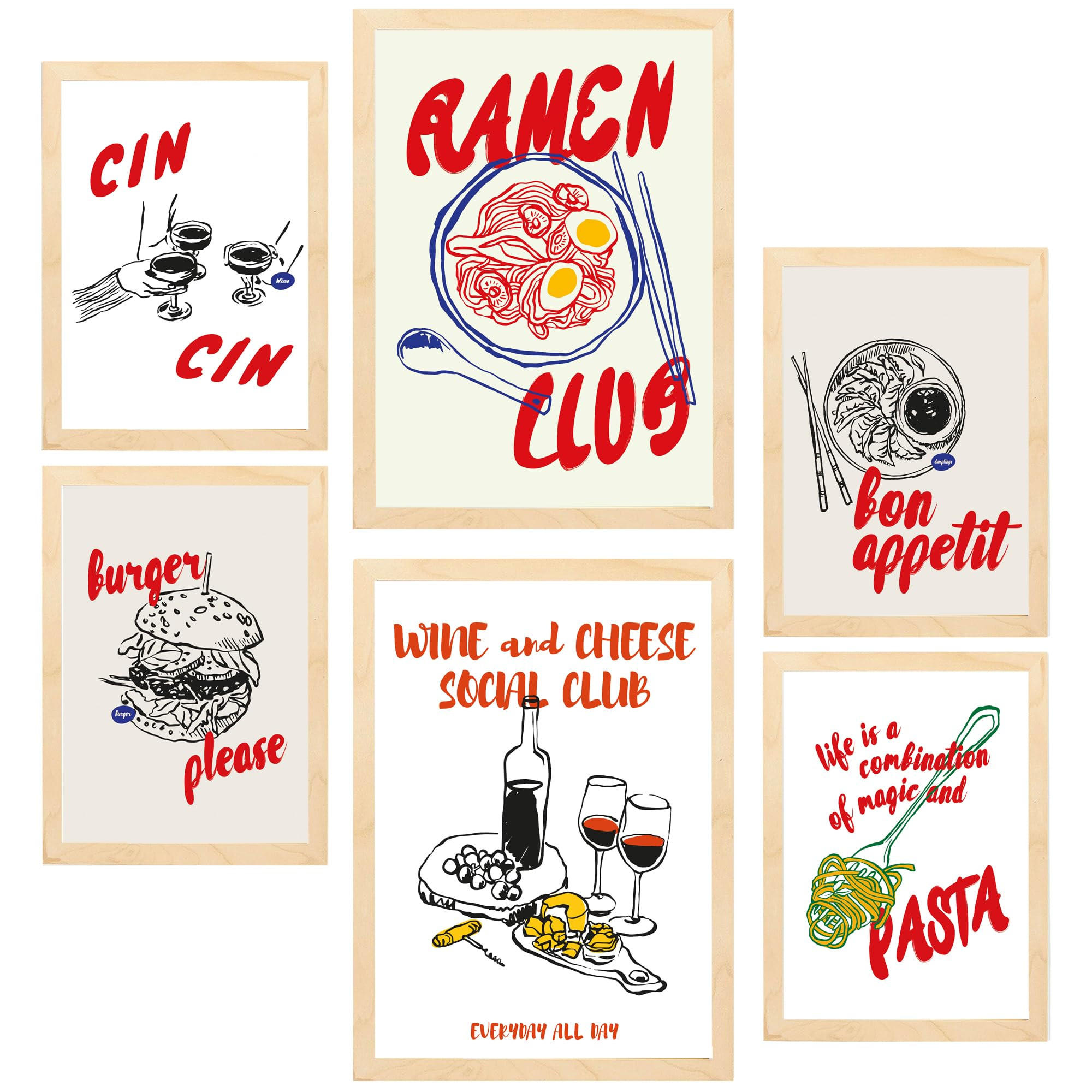 POSTER Set Mit 6 Von Lebensmitteln & Pop Art Ramen & Pasta A3 & A4 Rahmen Aus Hellem Holz - Beige, Papier (29/3cm) - Nacnic