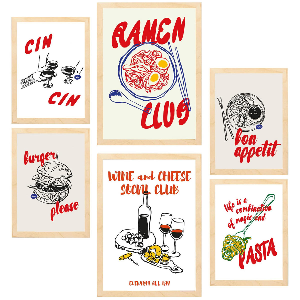 POSTER Set Mit 6 Von Lebensmitteln & Pop Art Ramen & Pasta A3 & A4 Rahmen Aus Hellem Holz - Beige, Papier (29/3cm) - Nacnic