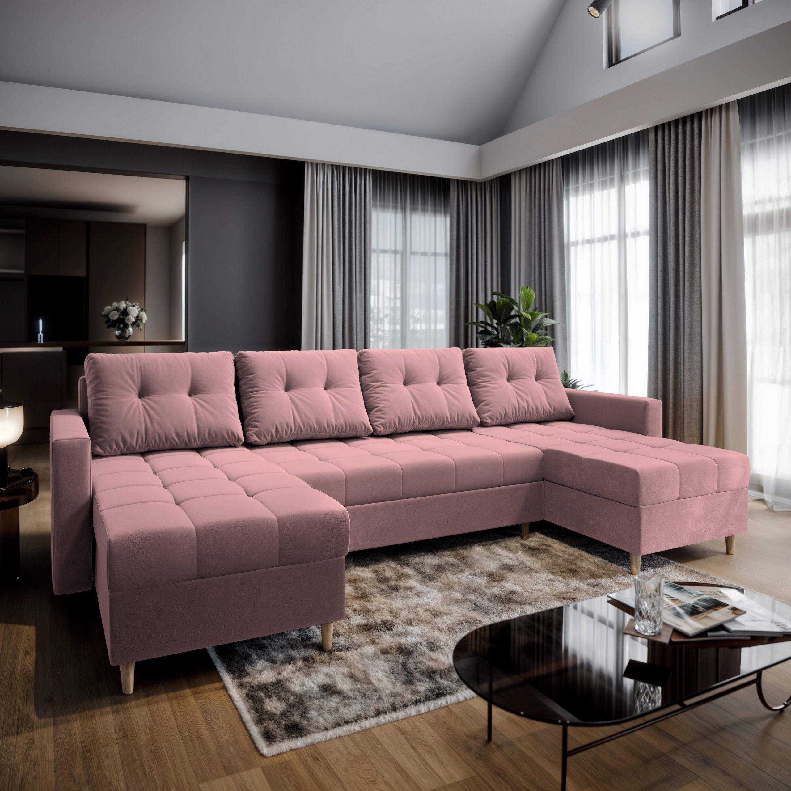 WOHNLANDSCHAFT MILO U Rosa Plüsch-Stoff mit Schlaffunktion - Rosa, Holz (285/91/140cm) - MASSENO
