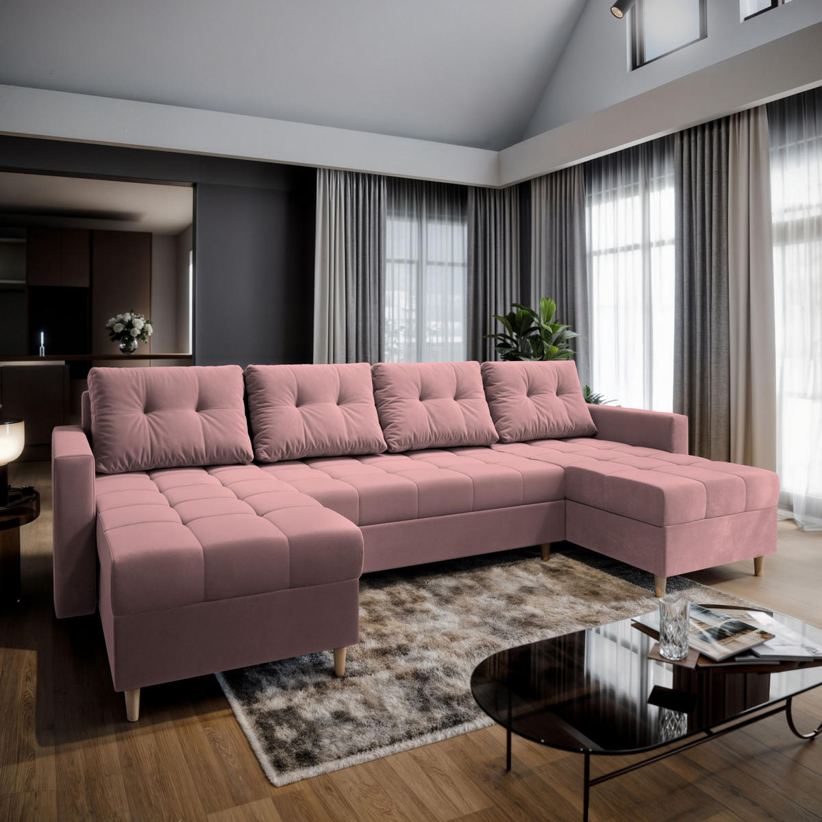 WOHNLANDSCHAFT MILO U Rosa Plüsch-Stoff mit Schlaffunktion - Rosa, Holz (285/91/140cm) - MASSENO
