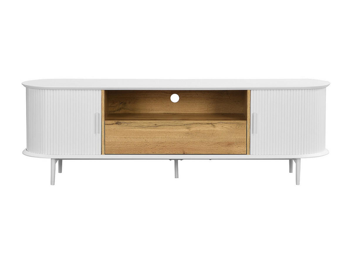 TV-MÖBEL mit 2 Schiebetüren, 1 Schublade & 1 Ablage - MDF - Weiß & Holzfarben - VELURANI - Naturfarben, Holz (40/54/170cm) - Vente-Unique