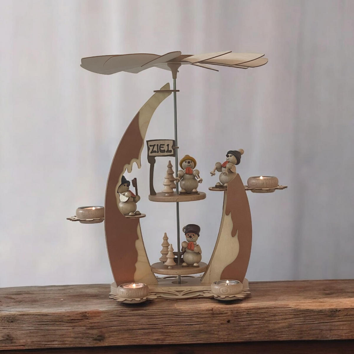 PYRAMIDE 2-stöckig Segel Schneemänner für 6 Teelichter 44/37/48 cm - Multicolor, Holz (37/48/44cm)