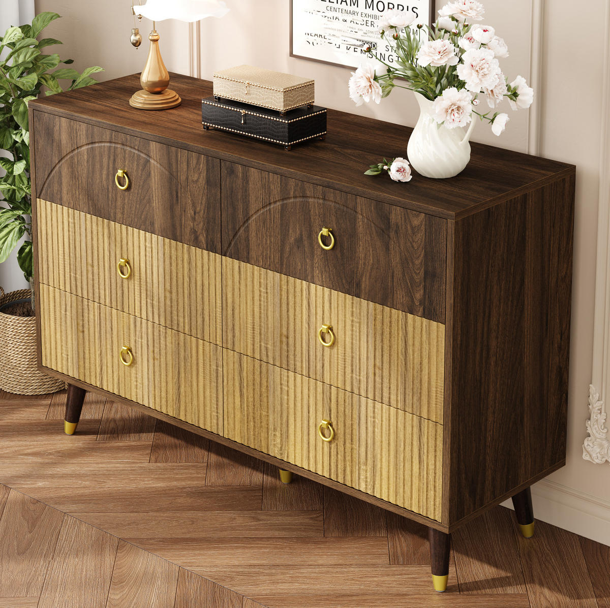 KOMMODEN-SIDEBOARD 120/40/81 cm mit 6 Schubladen im Retro-Look - Naturfarben, Holzwerkstoff (120/81/40cm) - BEAOK