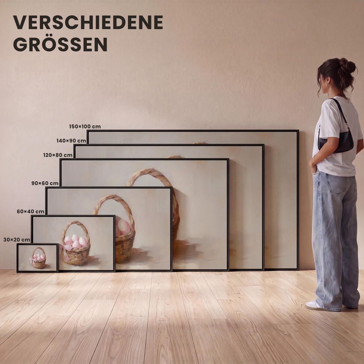 LEINWAND Bilder mit Rahmen - Korb - Eier - Rosa - 150x100 - Beige, Textil (150/100cm) - MuchoWow
