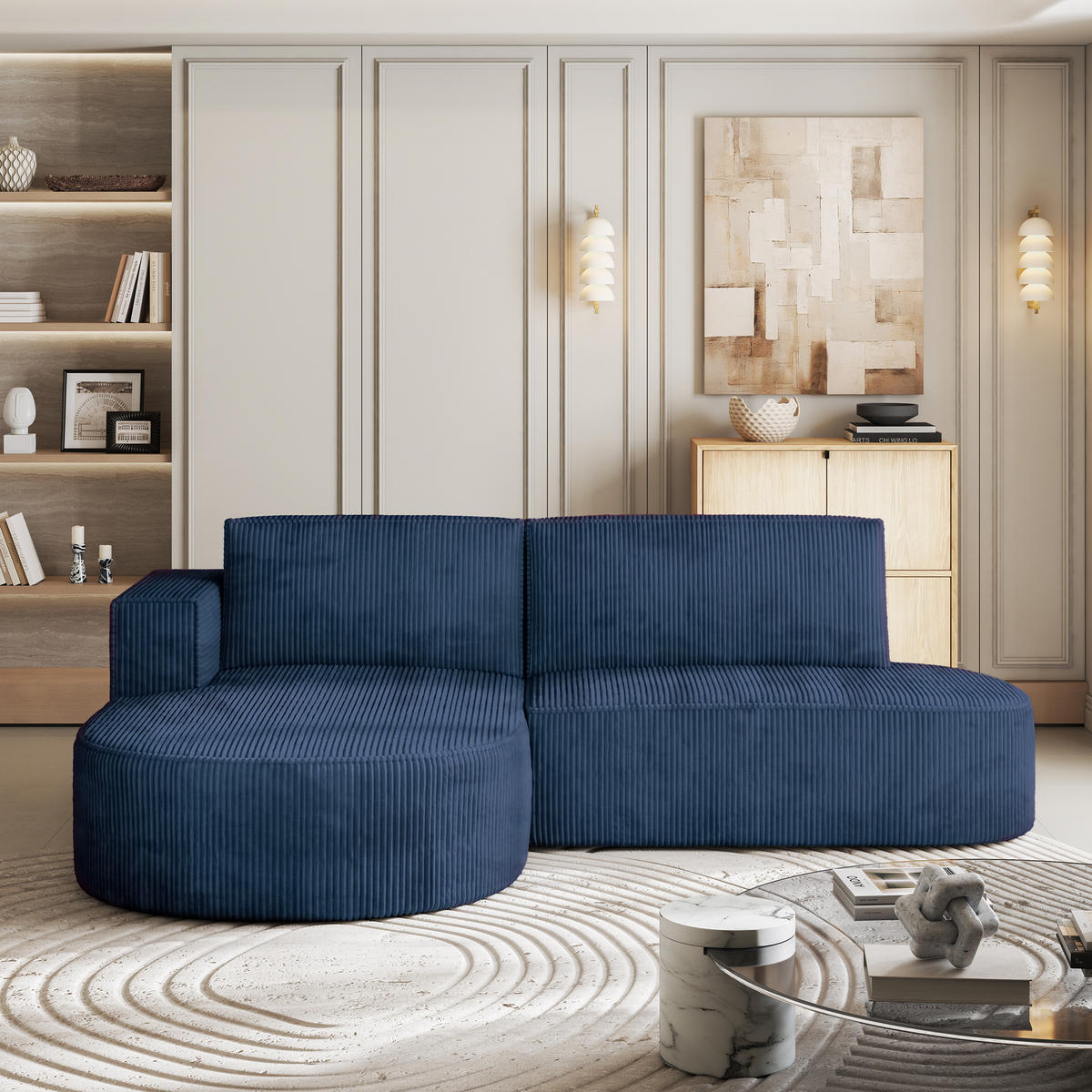 ECKSOFA CORTIO P L-S Blau Kordstoff mit Schlaffunktion - Blau, Holz (265/174cm) - MASSENO