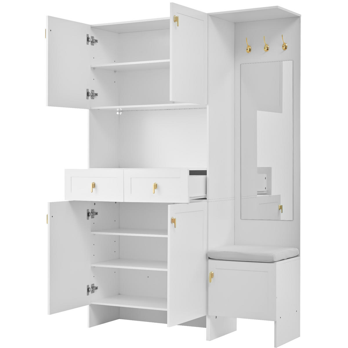 GARDEROBE-SET in Weiß Highboard mit Schuhbank Schuhschrank 3 Haken 5 Türen 2 Schubladen für Flur ,B120/T33.5/H180cm - Weiß, Holzwerkstoff (120/180/33.5cm) - STILVORA