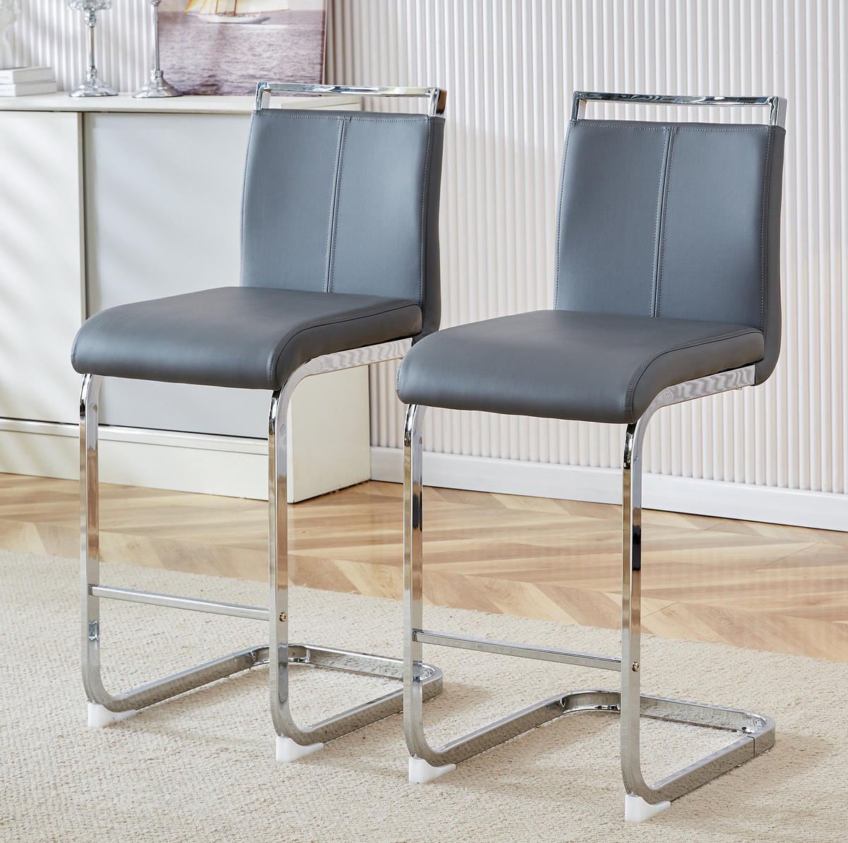 BARHOCKER 2er-Set 96,5 cm PU-Leder Dunkelgrau/Silber - Dunkelgrau, Metall (46.5/96.5/38.9cm) - Meubliv