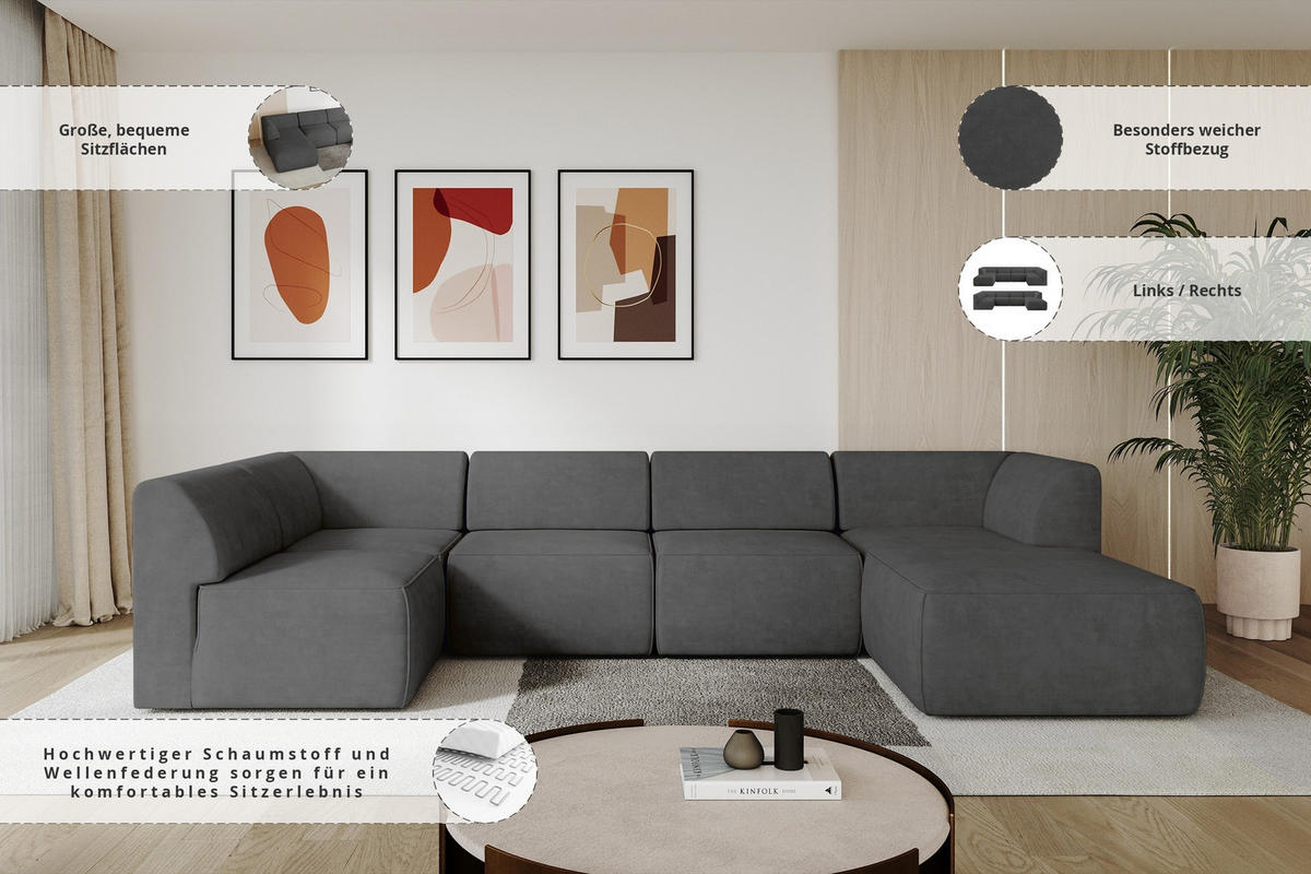 WOHNLANDSCHAFT Ottomane Rechts MOVO-L 345x180x78 cm Dunkelgrau Velours - Dunkelgrau/Anthrazit, Holzwerkstoff/Kunststoff (345/78/180cm) - ALTDECOR