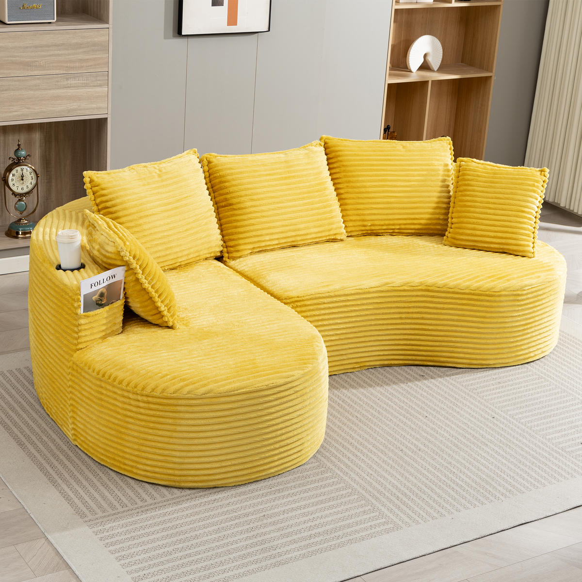 ECKSOFA Cord Senfgelb mit Getränkehaltern, Seitentaschen und Kissen - Gelb, Textil (250/152cm) - WISHDOR