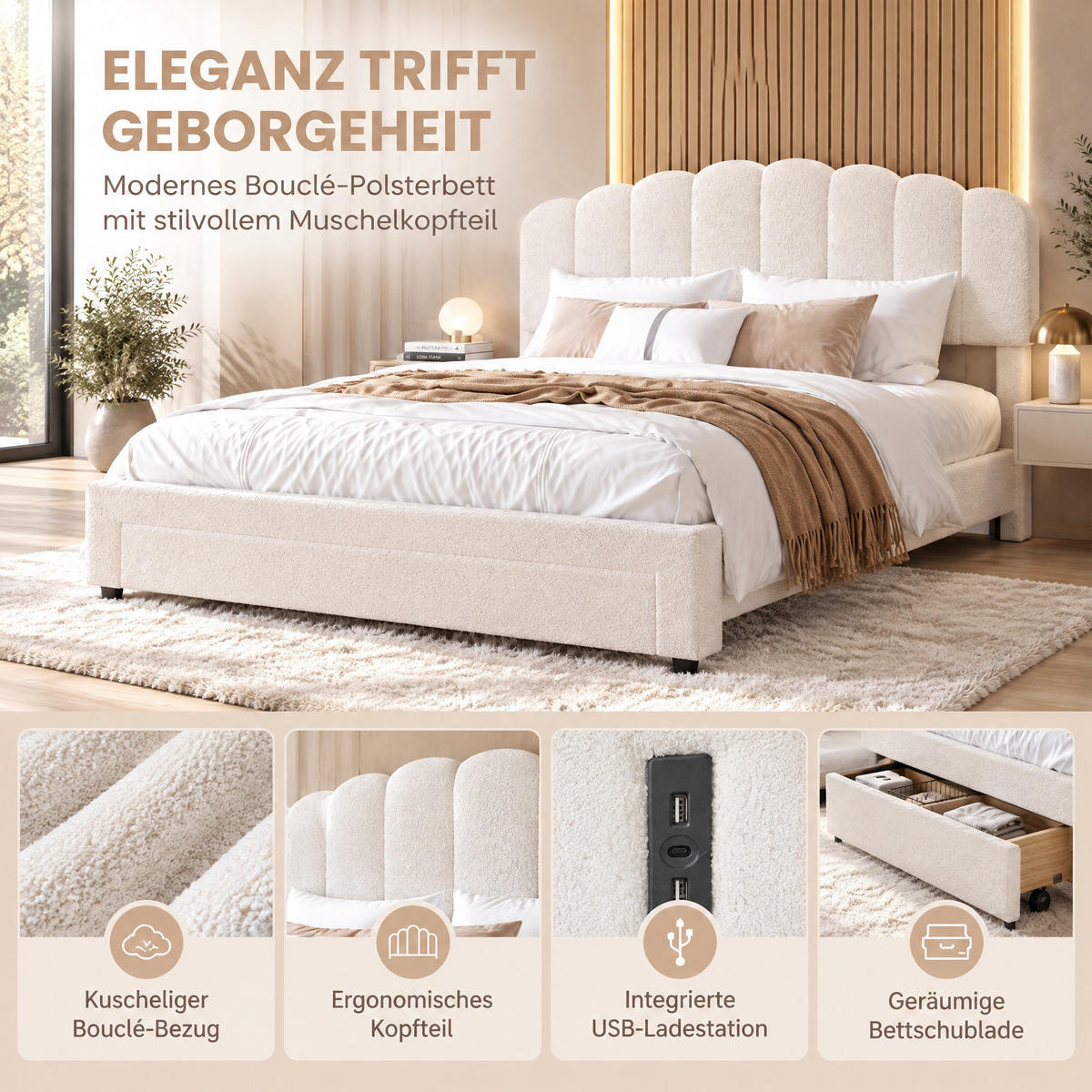 POLSTERBETT 140x200 cm mit Stauraum, Doppelbett mit Schubladen, USB und Typ-C, Lattenrost, verstellbares Kopfteil, Teddy-Fleece Beige - Beige, Holz/Metall (140/200cm) - GENKI LIVING