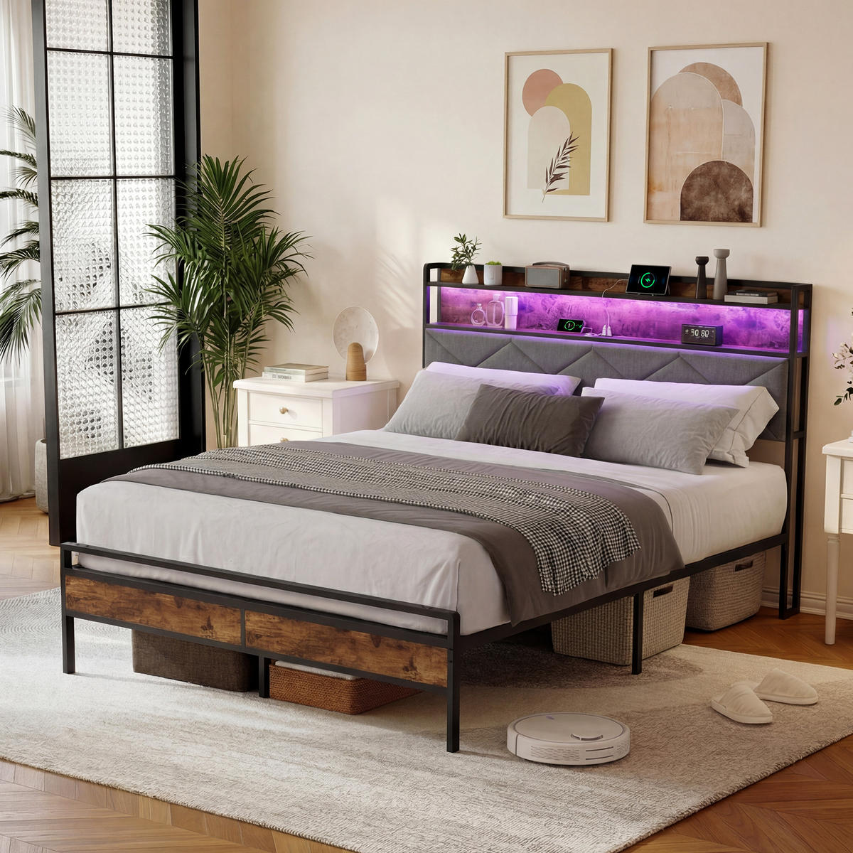 POLSTERBETT 140x200 cm, LED und USB-/Typ-C-Anschlüsse, dunkle Holzmaserung, leinengrau - Grau, Holz (140/200cm) - BRILVERDE