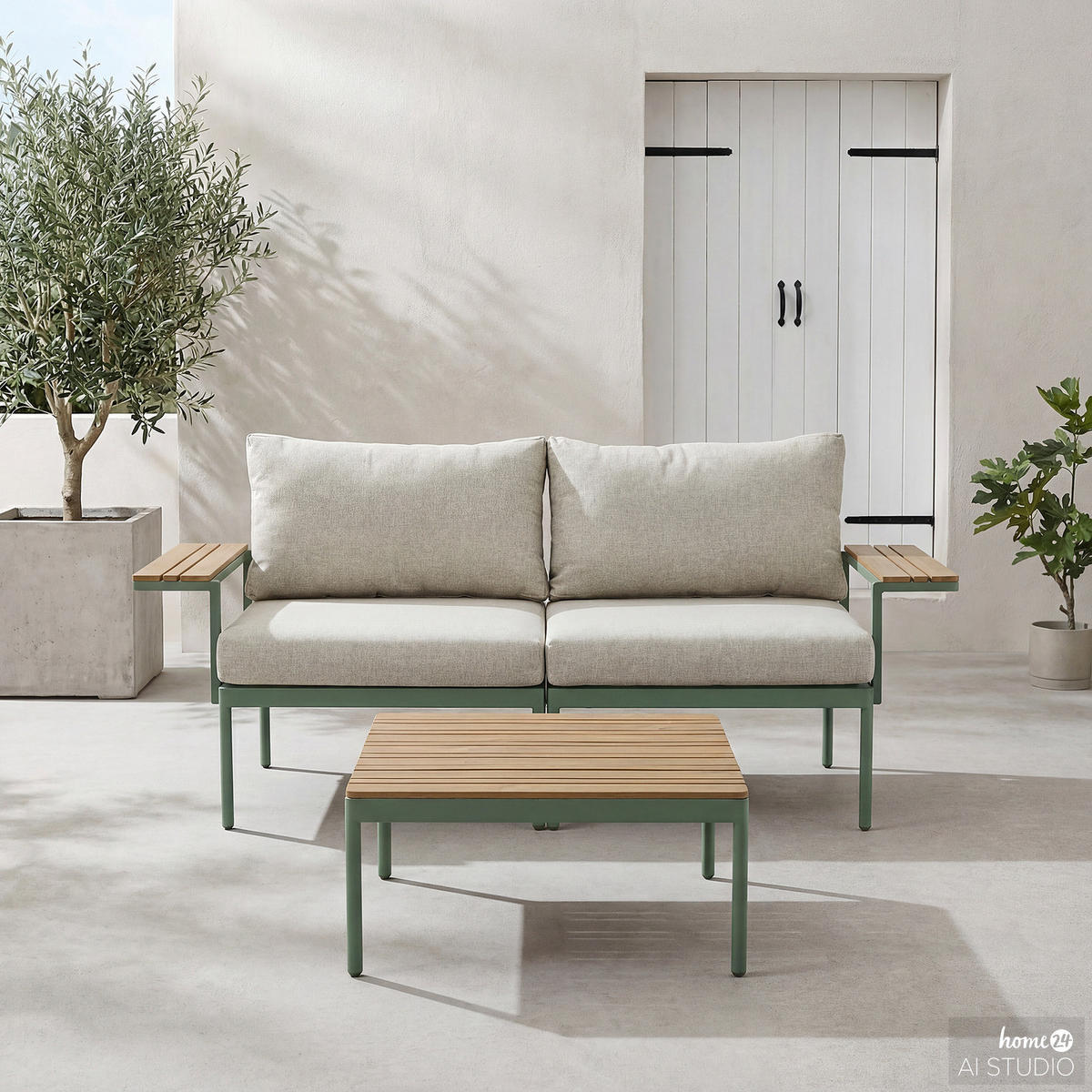 MODULARES LOUNGESET - 3-teilig - Stahl / Olefin - Grün, Kunststoff/Textil - home24