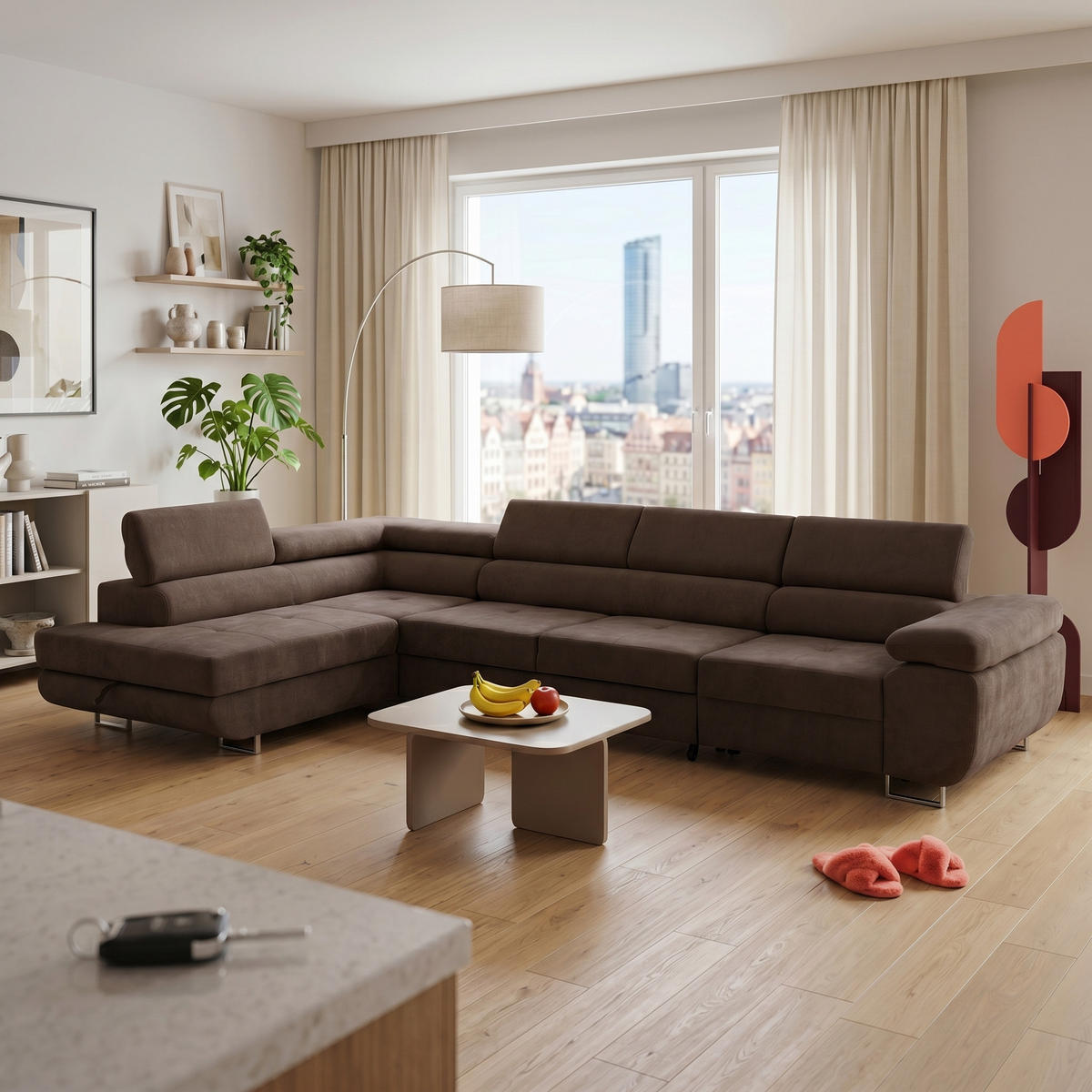 ECKSOFA WILD MAXI L Links mit Schlaffunktion 125x195 Chenille Dunkelbraun - Chromfarben/Dunkelbraun, Holz/Textil (350/203cm) - Muffo